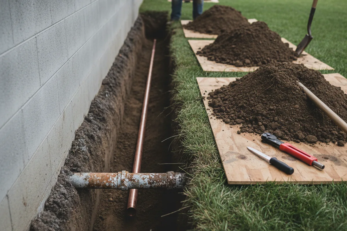 Excavated water line trench during Sewer Line Repair in Paragould